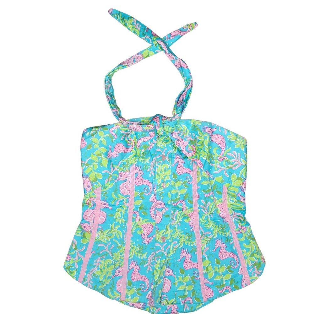 vintage Bamboo Trading Seahorse Print Halter Top tropical vacation bright small